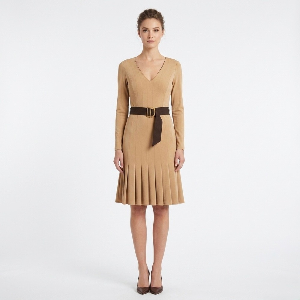 Kayβ Unger New York Tan Pleated Hem Belted V-Neck Dress Long Sleeve Size 6